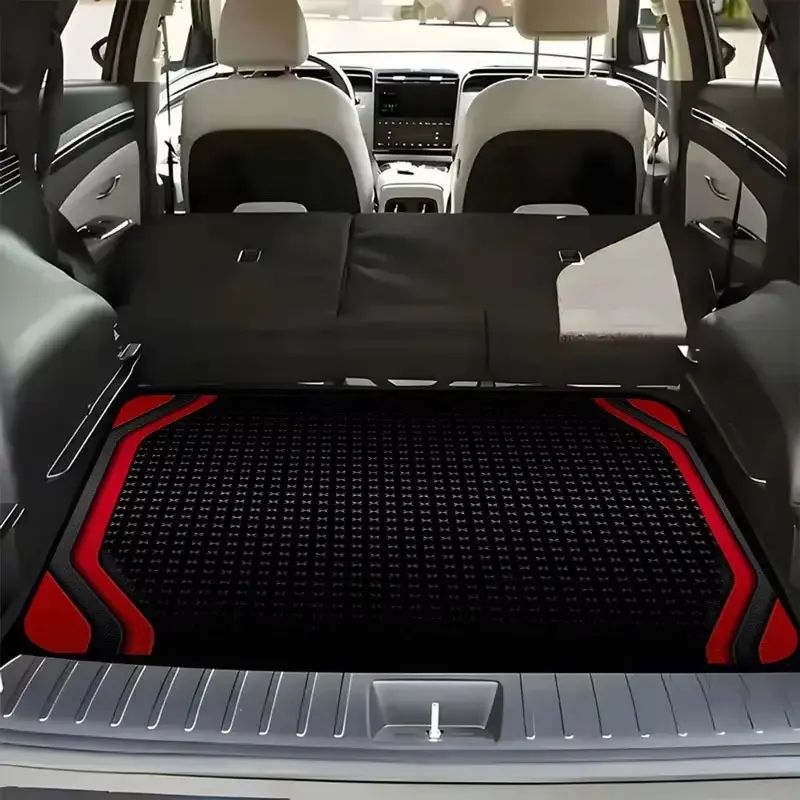 1pc Universal Car Trunk Mat, Polyester Fiber Fabric, Black and Red Print, Car Cargo Liner Protector Mat for Most Cars, Trucks, SUVs
