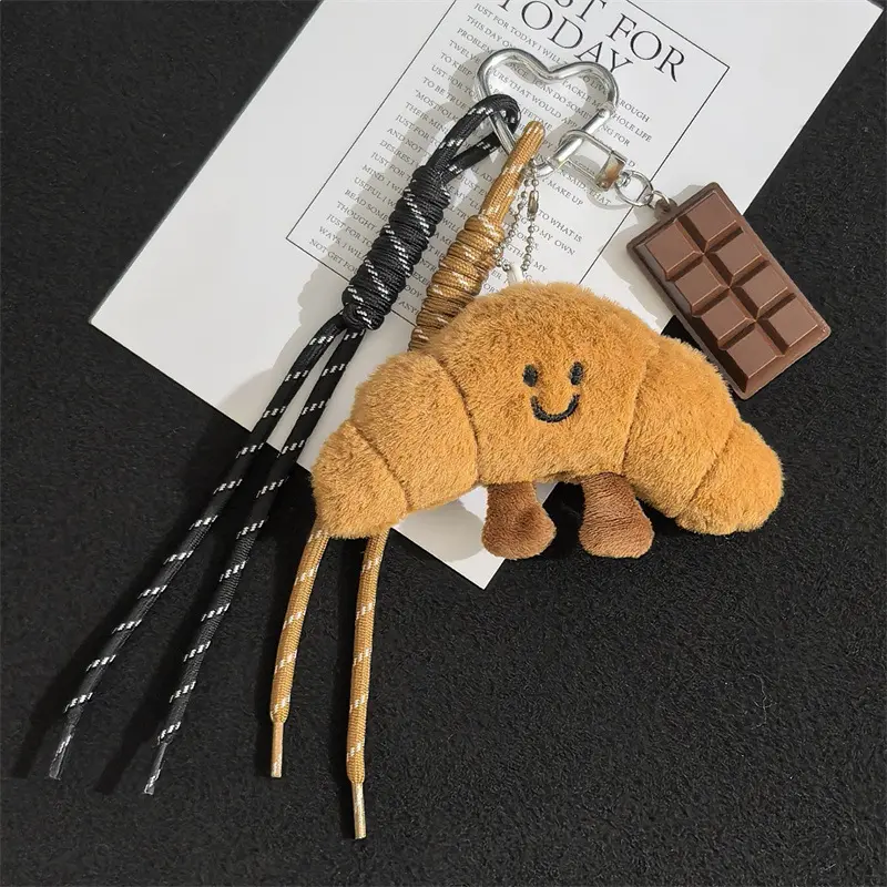 Cute Croissant Keychain with Plush Smiley Face - Bread Bag Charm | Soft plush croissant with a smiling face