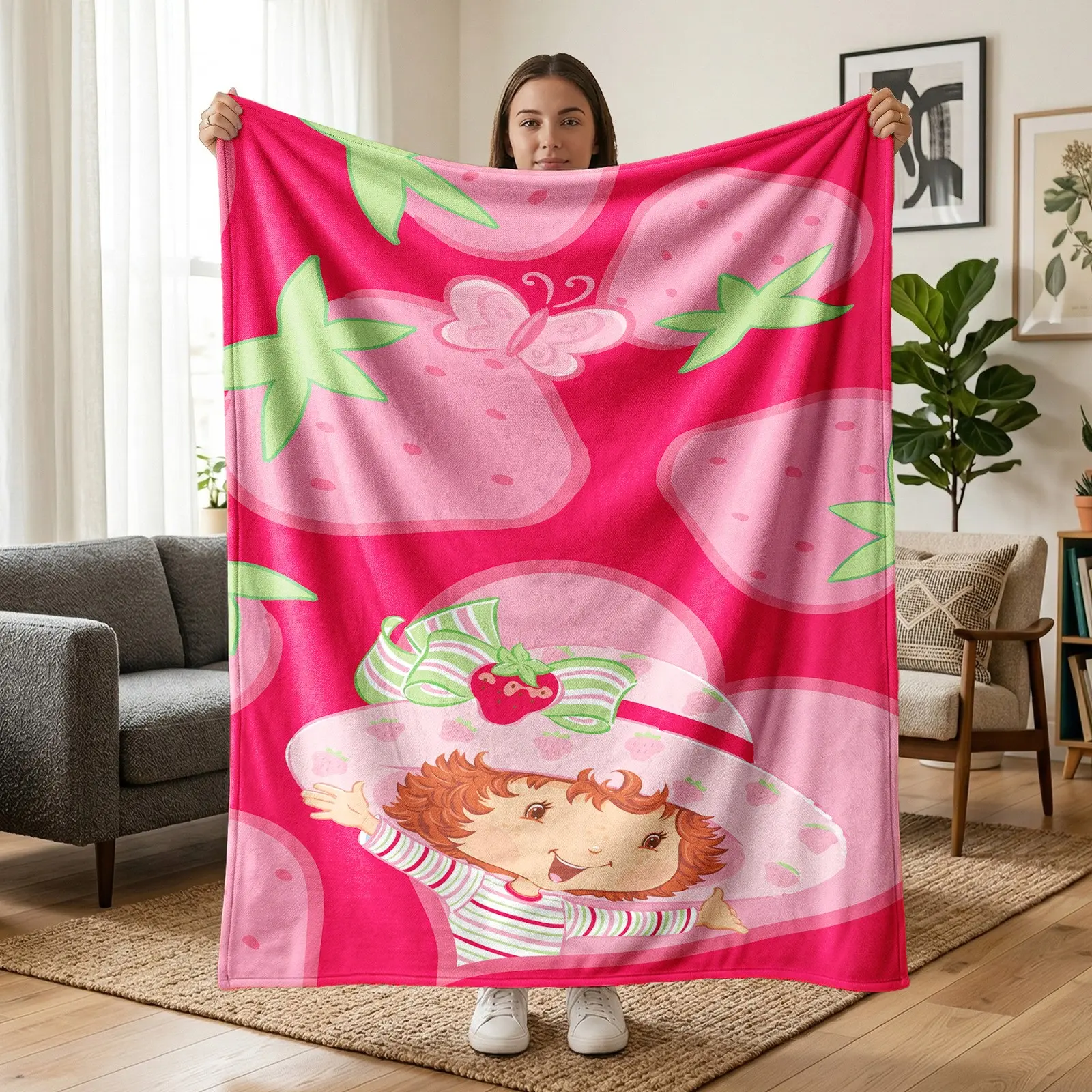 1pc Vintage Strawberry Shortcake Cartoon Fleece Blanket, Cute Print of Strawberry Girl, Pink Cat & Berry Floral, Multiple Styles Available. Soft warm nap blanket for sofa, bed, office, shawl, camping trips, lovely Christmas gift.