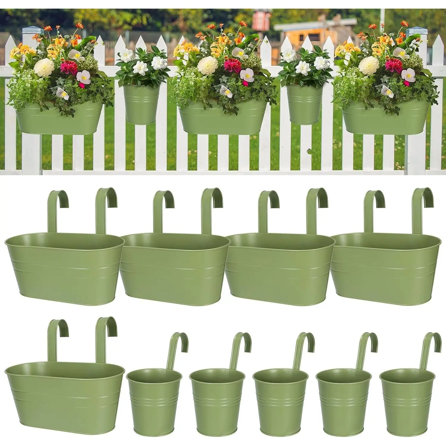 Metal Iron Flower Pots for Railing Fence Hanging Bucket Pots(5 Pcs) and Hanging Flower Pots Metal Iron Bucket Planter(10 Pcs) (Green)