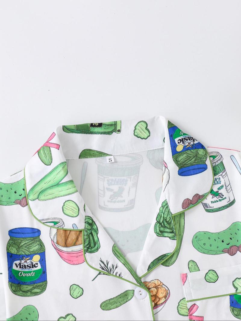 2-Piece Vegetable Print Women's Pajama Set, Button-Up Short Sleeve Top and Comfortable Shorts, Elegant Sleepwear for All Seasons