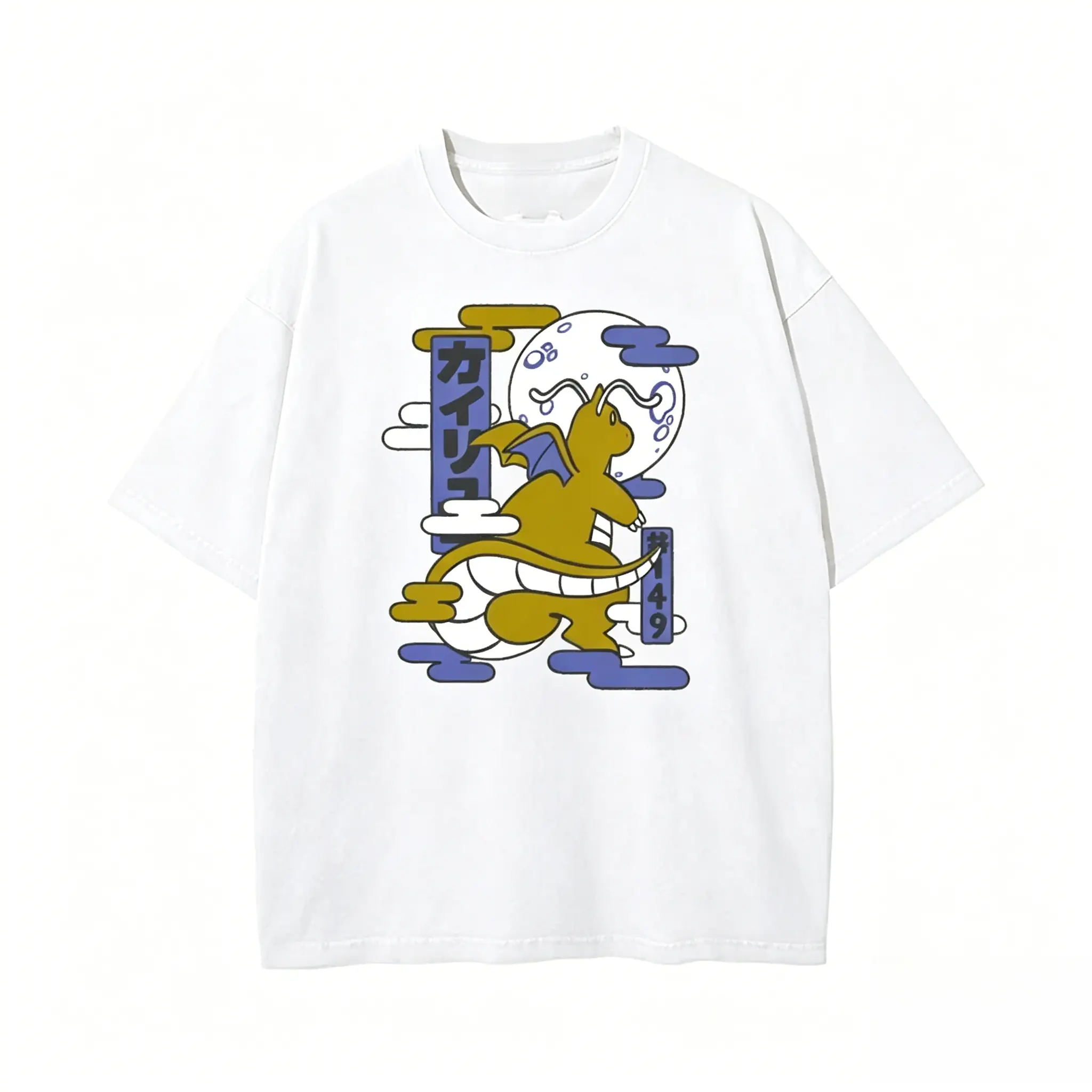 Men's Soft Stretch Casual Cotton Round Neck T-Shirt - Menswear, Retro Oversized Loose Fit, Ukiyo-e Dragonite Pocket Monsters Graphic, Vintage Distressed Unisex Anime Streetwear Sports Top, Tshirt, Smooth, Baggy, Seamless