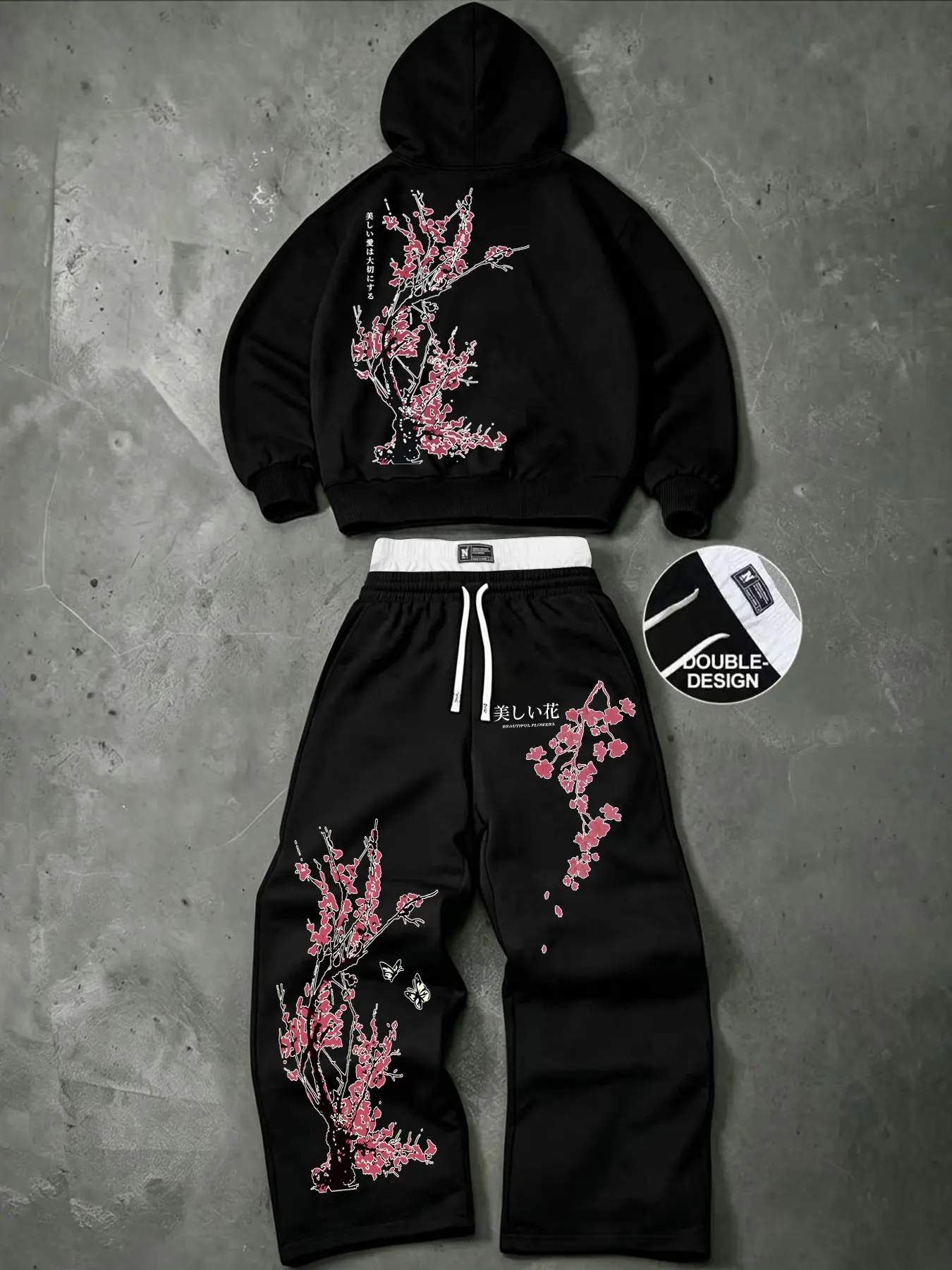 Men's Fall Winter Hooded Sweatshirt Set, Floral Pattern Fleece Hoodie + Colorblock Pants, Comfortable Casual 2-Piece, Perfect for Autumn Winter