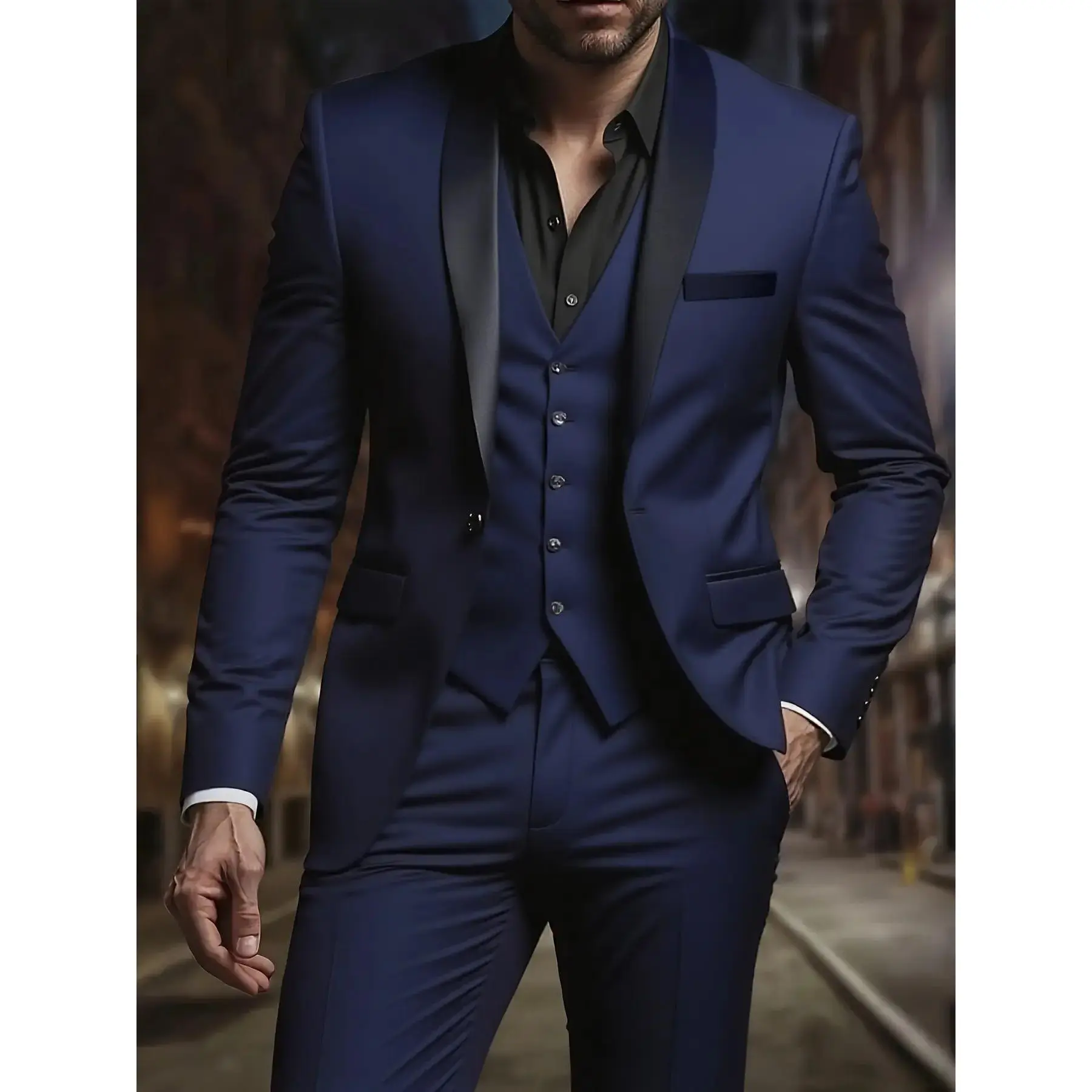 Elegant Men's 3pcs Suit- Slim Fit Tuxedo Set for Weddings& Formal Occasions, Black Suit with White Shirt& Pants, Long Sleeve, Perfect for Office Meetings and Elegant Events, Formal Attire, Business Attire Clothes |   Durable Elegant Formal Wear