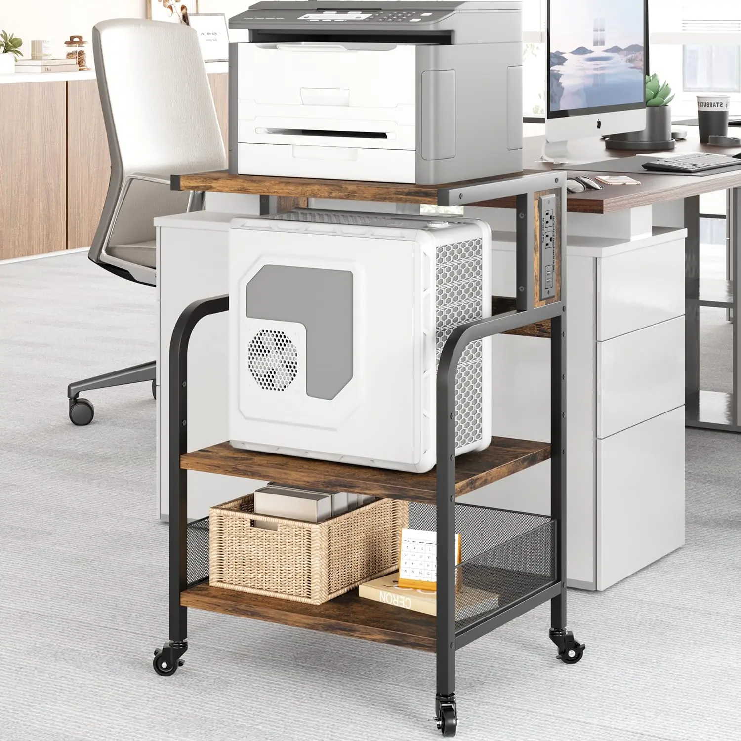 GARVEELarge Adjustable 3-Tier Rolling Printer Stand with Charging Station, Power Outlets, USB Ports, and Storage Shelf, Mobile Office Cart with Wheels for Printers, Scanners, Fax Machines, Home Use