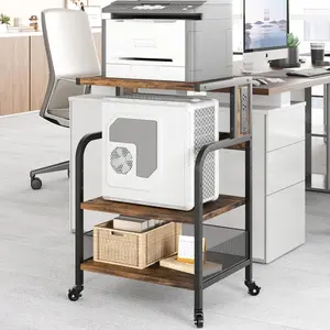 GARVEELarge Adjustable 3-Tier Rolling Printer Stand with Charging Station, Power Outlets, USB Ports, and Storage Shelf, Mobile Office Cart with Wheels for Printers, Scanners, Fax Machines, Home Use