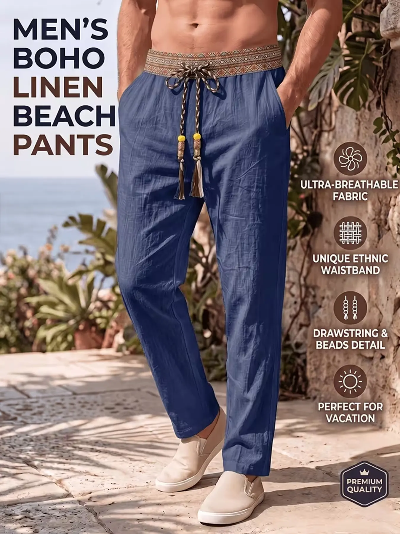 Men's Summer Bohemian Linen Beach Pants, Ethnic Print Elastic Waist Drawstring Casual Long Pants, Breathable Cotton Hemp Vacation Pants