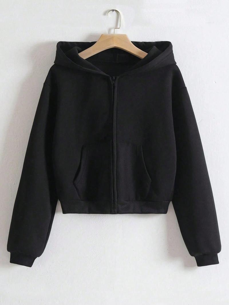 Casual Thermal Zip Up Crop Hoodie Hooded Sweatshirt Black Drawstring Thermal Lined Long Sleeve Pullover Fall Outfit For Girls Teenagers Kids Size 8-16Y B2713 comfortable Girls' Graphic Print Hoodie sequins pants sunburst beauty page ants granola Face