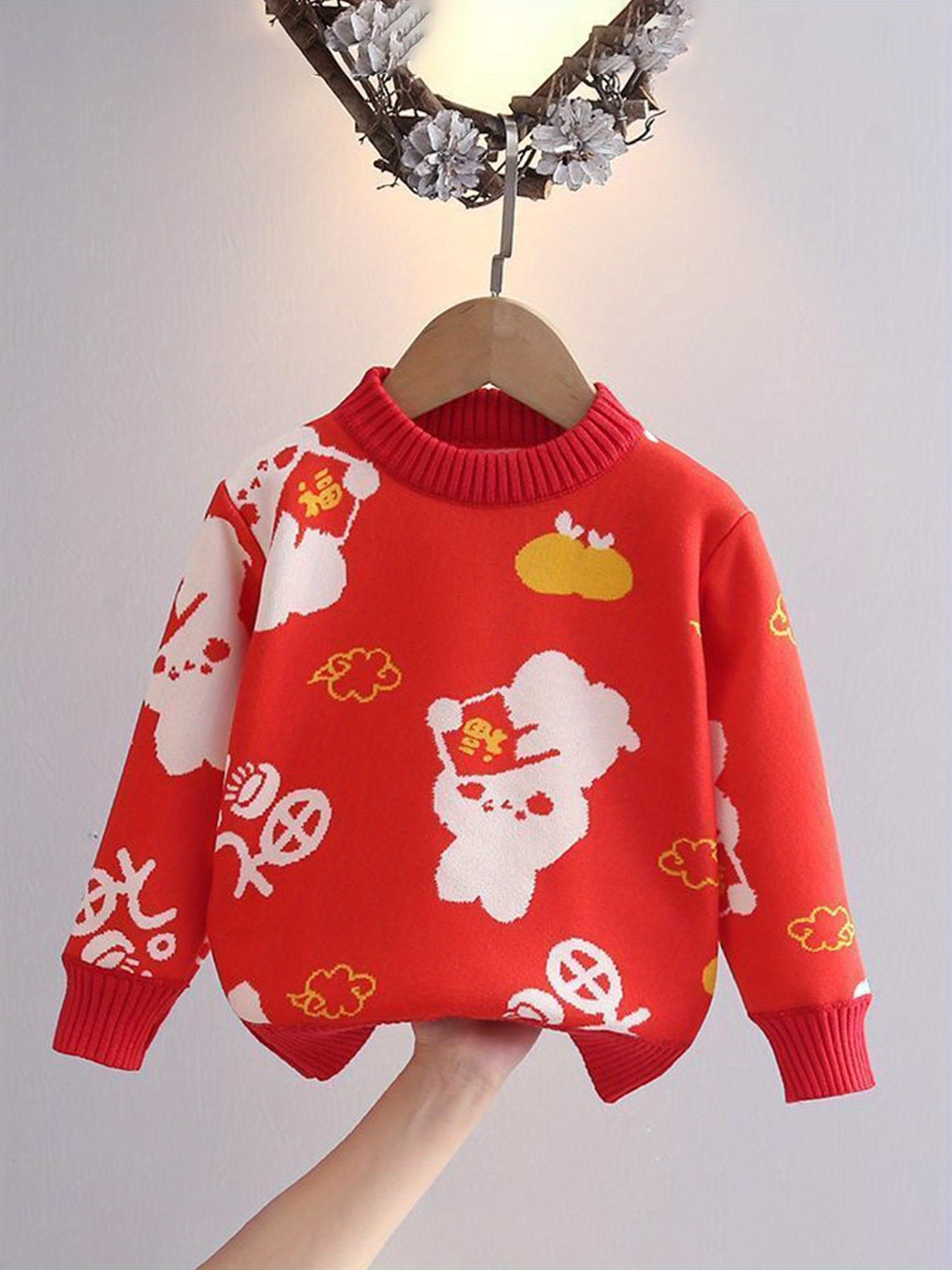 Girls' Red Cartoon Character Pullover Sweater - Cozy Long Sleeve Crew Neck with White & Yellow Accents, Soft Rayon Blend, Loose Fit for Fall/Winter, Perfect for Outdoor Play & Casual Wear, Cute Sweaters