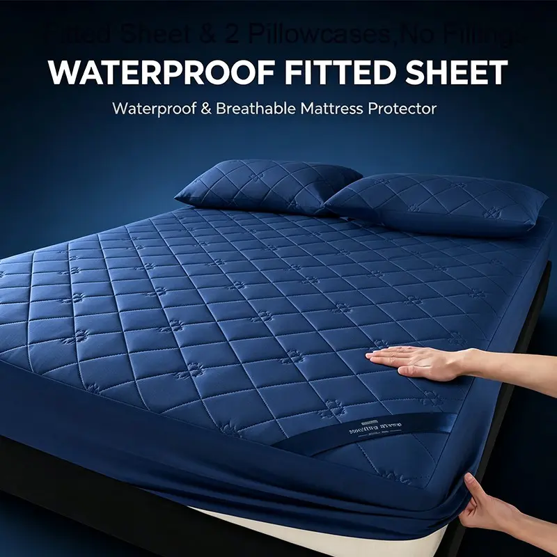 Geometric Diamond Quilted Waterproof Mattress Protector Set, High Stretch Deep Pocket Snug Fit Fitted Sheet, Silent Skin-Friendly Washable Bedding with Multiple Solid Color Selections for Bedroom Dorm Use