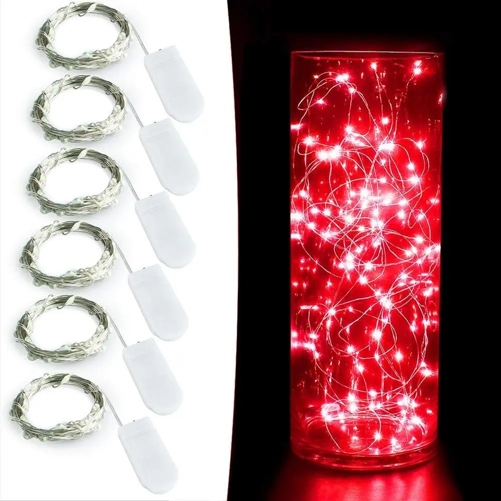 6 Pack Fairy Lights  Operated 7ft 20 LED Mini String Lights  Wire   Moon Twinkle Lights for Wedding Mason Jars Party Christmas Centerpiece Table Decorations, Red