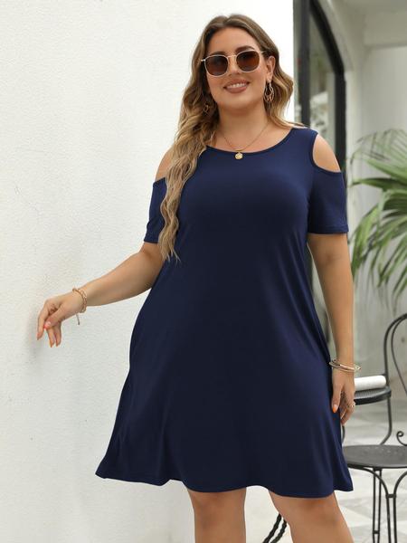 Women's Round Neck Off-Shoulder Elastic Casual Long Dress, Plus Size, Comfortable Fabric, Perfect for Travel & Various Occasions