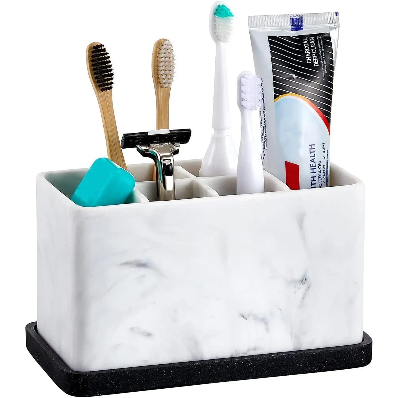 Marble Look Toothbrush Holder for Bathroom Countertop Organizer, Holds Toothpaste, Dental Floss, Razor, Comb, Makeup Brushes, and More, Stylish Bathroom Accessory for Tooth Brushing Essentials