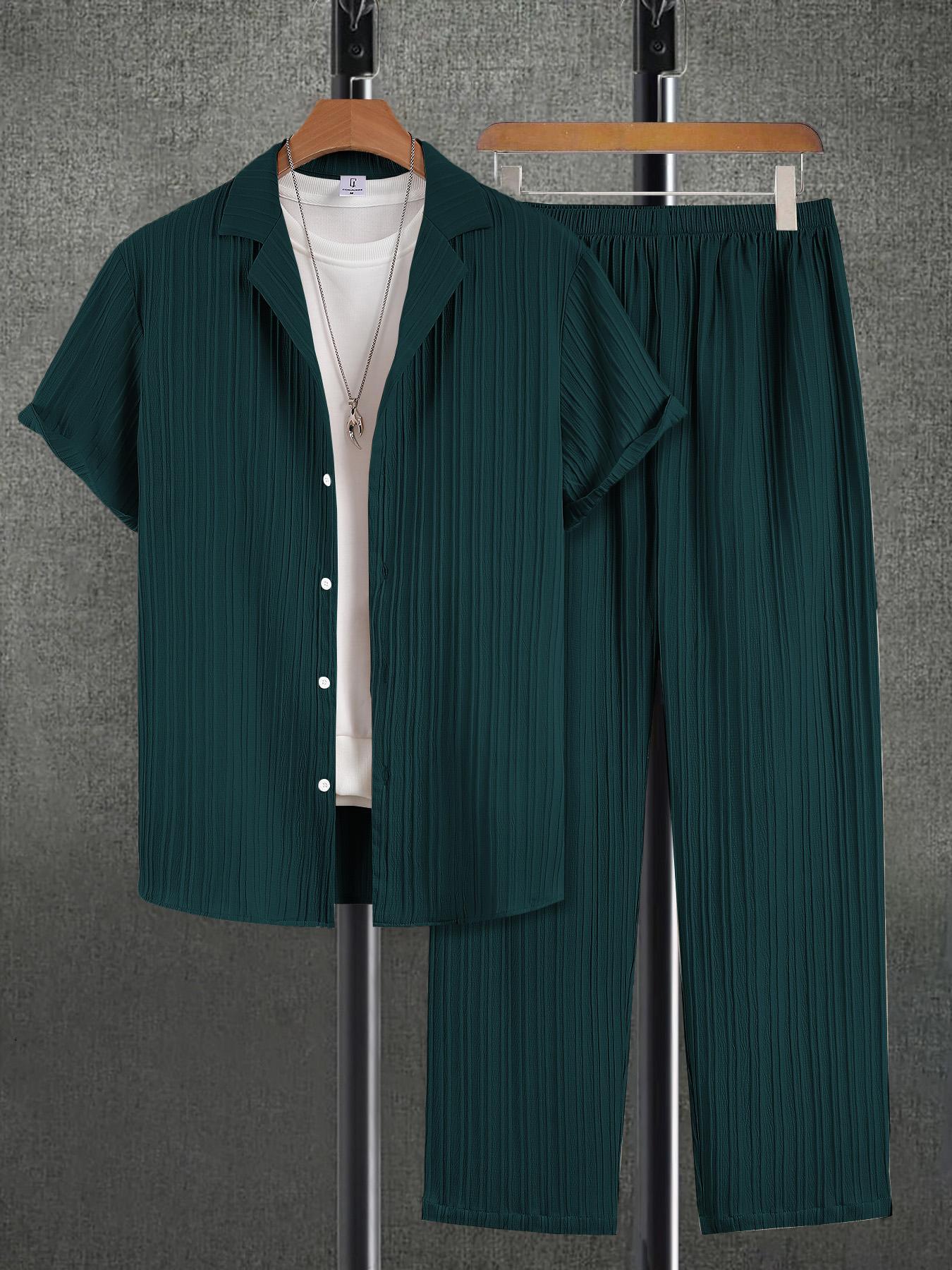 Men's Plain Textured Loungewear Set, National Day Offers, Casual Button Front Shirt & Elastic Waist Pants without Tee & Necklace, Men's Sleepwear for All Seasons