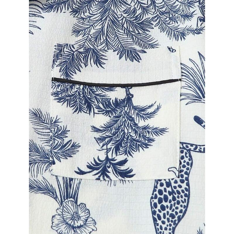 2pcs Soft Palm Tree & Giraffe Print Lapel Button Short Sleeve Top With Pocket And Bowknot Shorts Pajama Set, Women Loungewear For Home Wear, Spring & Summer Fabric Fit rave outfit 90s graphic tees office outfits women ibiza outfits women's summer outfits