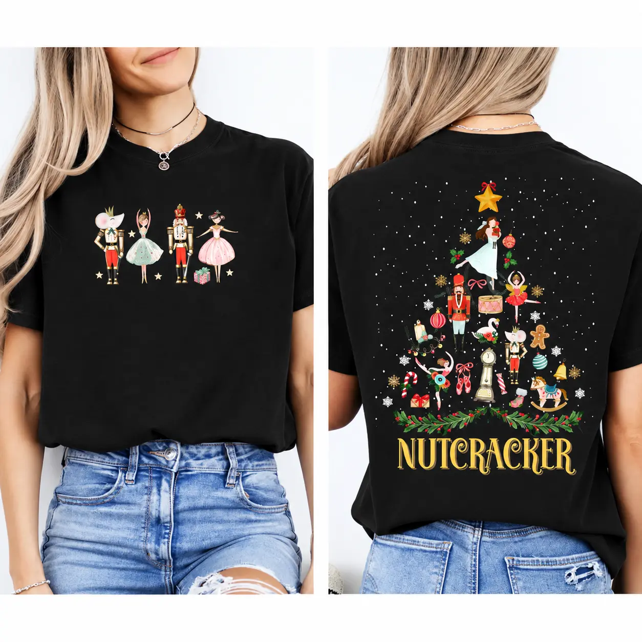 Nutcracker Front and Back Shirt for Women Christmas Ballet Dancer and Holiday Tree Graphic Print Short Sleeve Crew Neck T-Shirt