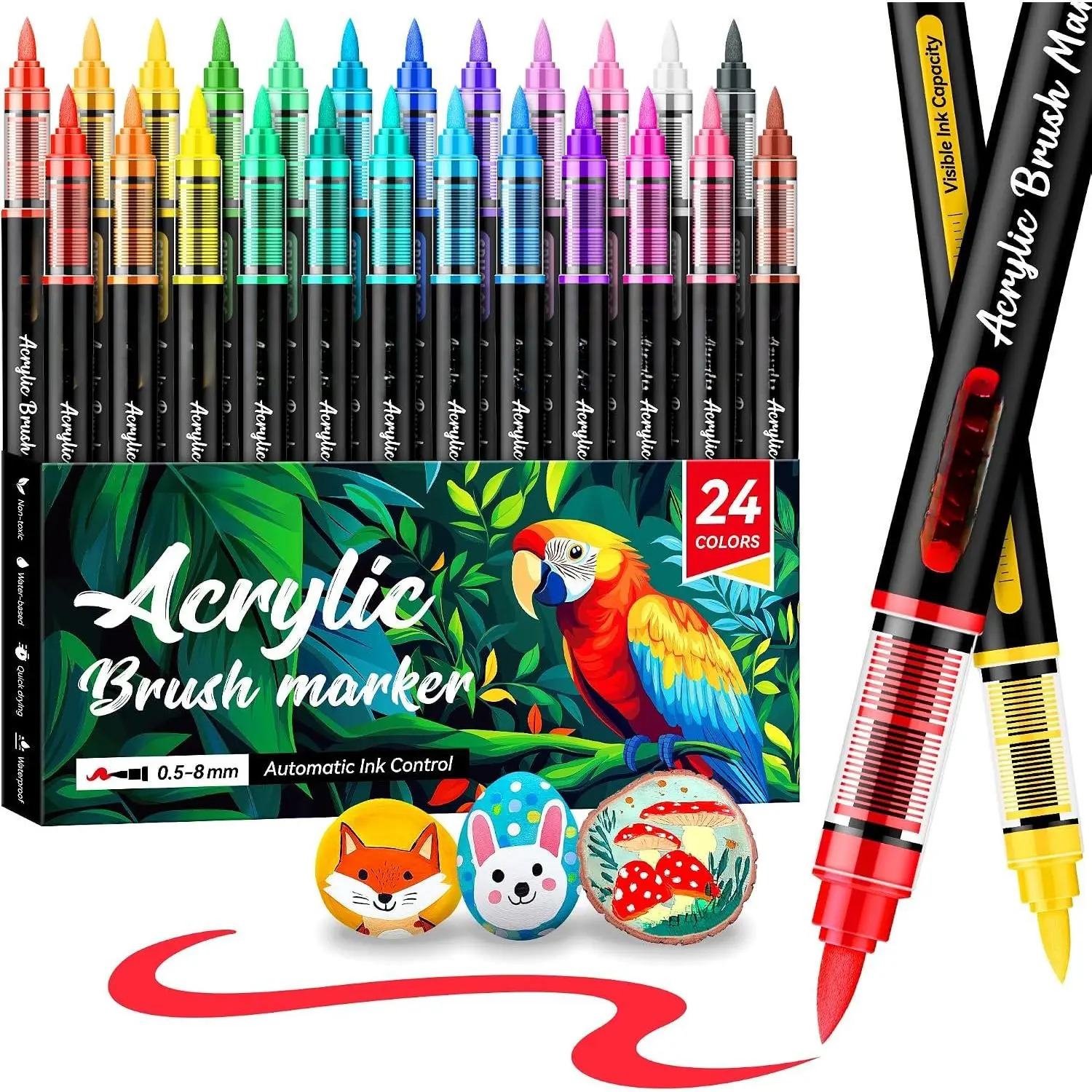 24 Colors   Markers, Brush Tip Automatic Ink Control   Pens for Rock Painting, Canvas, , Ceramic, Glass, Stone, Fabric, DIY Crafts Textile & Art Supplies
