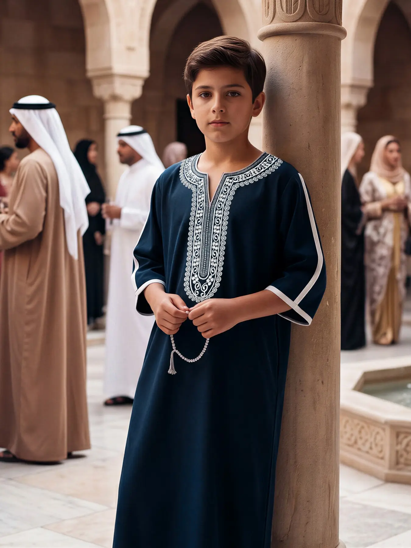 Moroccan Style Arabic Clothing Boy Kandura Elegant Embroidered V Neck Three Quarter Sleeve Design with Side Pockets, Suitable for Ages 8-12, Casual/formal Occasions