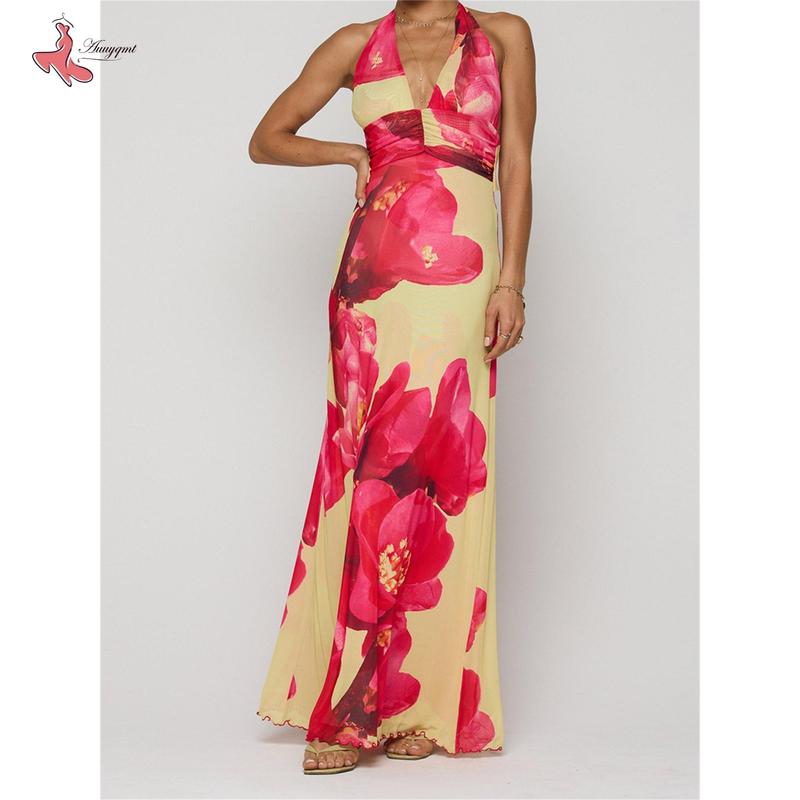 Women Long Dress, Sleeveless Halter Dress Backless Flower/Dots Print Summer Cocktail Dress