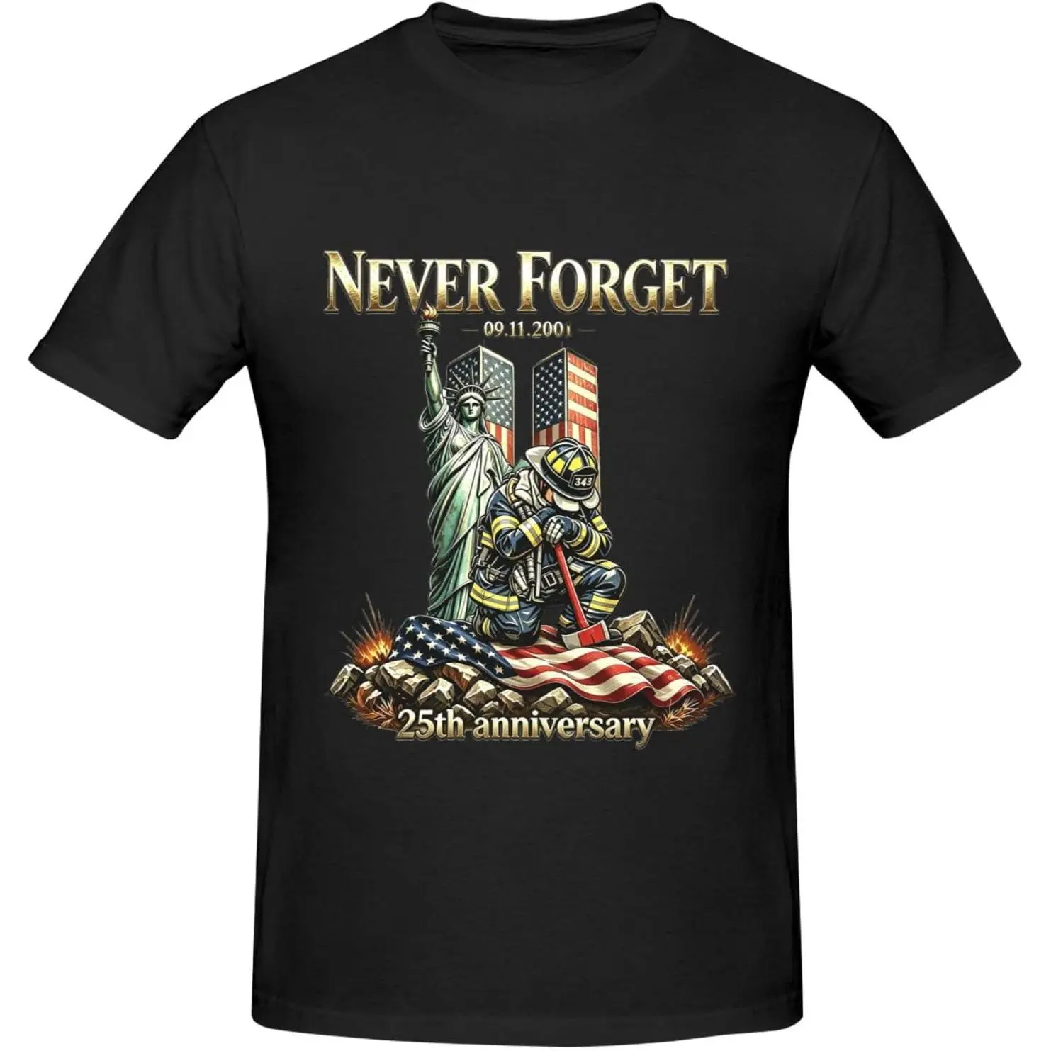 Men's Tribute T-Shirt, Never Forget 343 Firefighters 9/11 Graphic Print, Classic Shortsleeve Breathable Cotton with a Casual Relaxed Fit