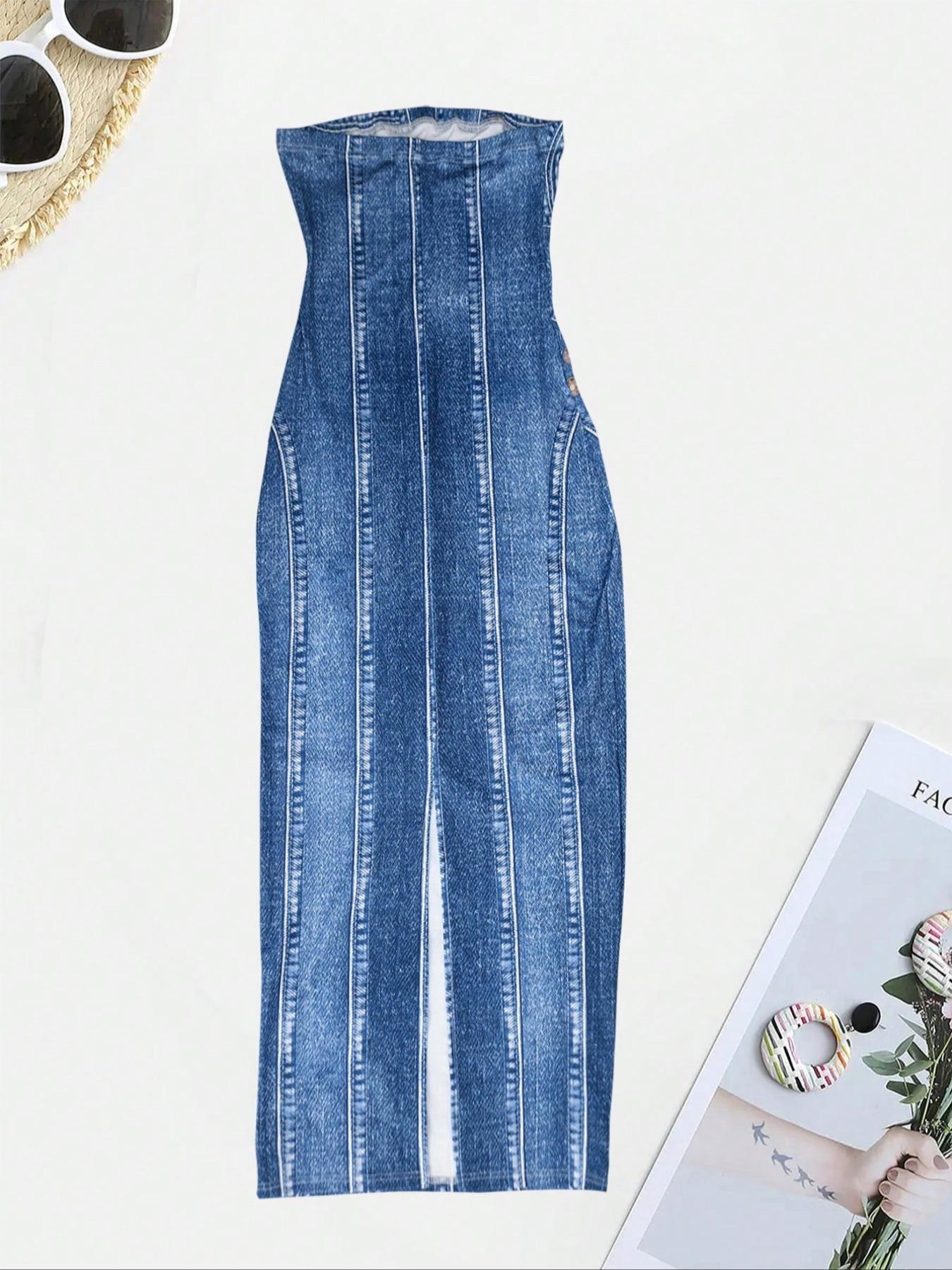 Women's All Over Print Backless Split Hem Bodycon Dress, Fashion Casual Elegant Sleeveless Bodycon Sleeveless Long Tube Dress for Summer, Women's Clothing for Club Party, Summer Outfits 2024 Valentine's Day, gift