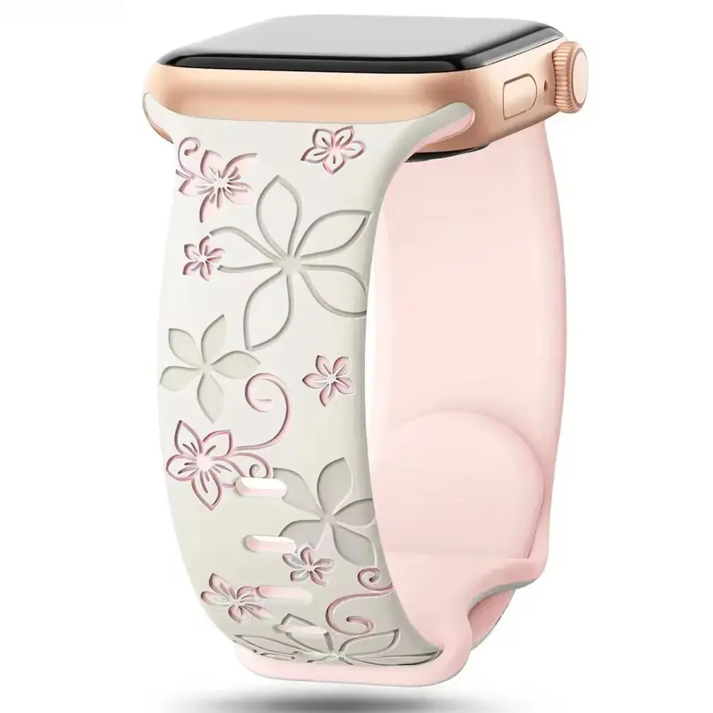 Floral Engraved Two-Tone Silicone Watch Strap, Soft Sport Band for Apple Watch All Series Ultra SE 4-9