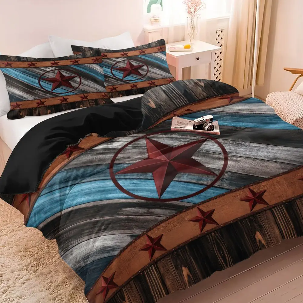 2/3Pcs Rustic Western Star Duvet Cover Set, Vintage Wood Plank Bedding Set with Red Stars, Farmhouse Style Bedding, Soft Microfiber Duvet Cover & Pillowcase for Bedroom Decor No Fillers