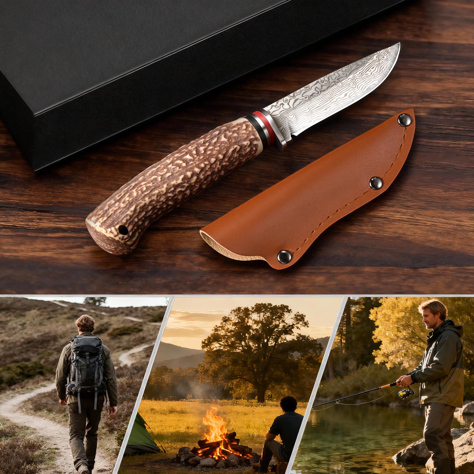 Damascus Pattern Kitchen Knife Chef Knife Steak Knife Razor Sharp Stainless Steel Meat Slicing Cleaver 8.3" Knife with Leather Sheath & Gift Box BBQ Cooking Utility Knife Non-Slip Faux Antler Stag Handle for Beef Tomahawk Fish Veggies Gift for Men Women