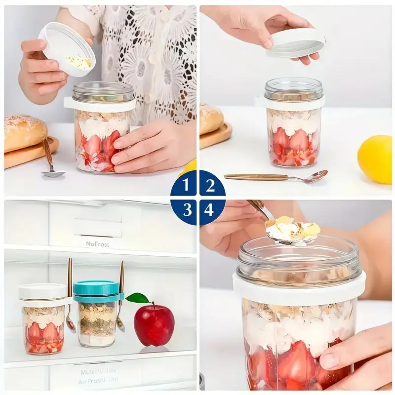 12oz Glass Salad Jar with Spoon, Portable Overnight Oatmeal Cup, Reusable Yogurt Container for Breakfast, Healthy Eating Containers, Perfect Gift for Holidays