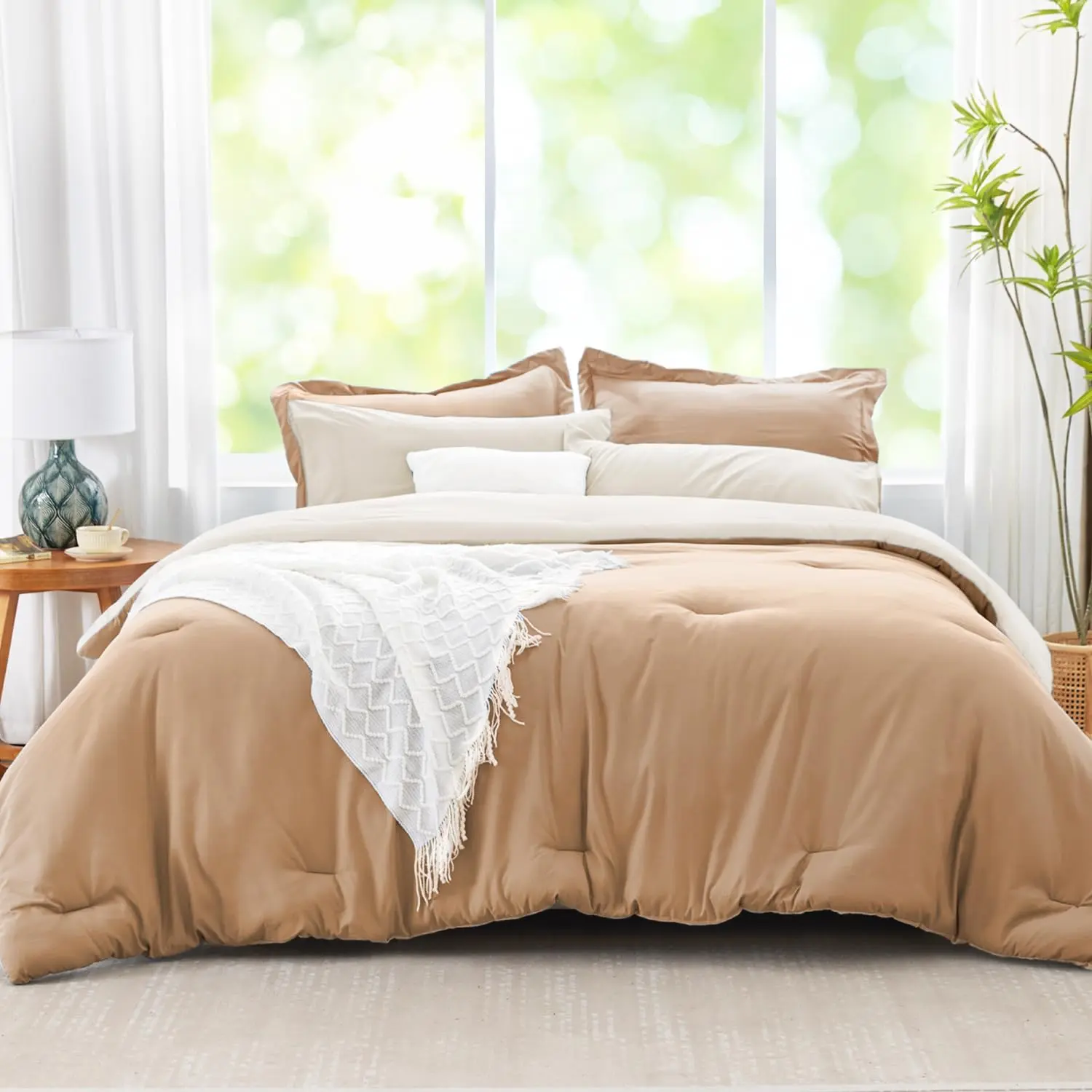 Queen Comforter Set Khaki Bedding Set, 7 Pieces Soft Bed in a Bag with Comforter, Sheets, Pillowcases & Shams, All Season Boho Queen Bed Set