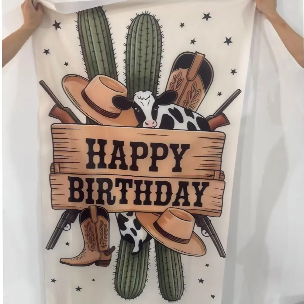 Western Cowboy Theme Birthday Banner, Happy Birthday Backdrop, Polyester Material, Indoor Outdoor Use, Perfect for Birthdays and Wild West Parties