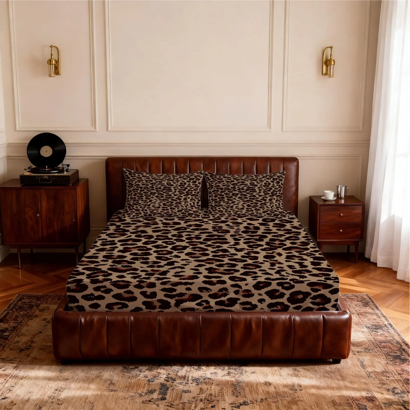 3PCS Vintage Leopard Print Fitted Sheet Set Bed Sheets 1 Sheet+2 Pillowcases No Insert, Bedding for Bedroom Dorm Apartment, Premium Holiday Gift for Ladies, Leopard Fans & Fashion Trendsetters