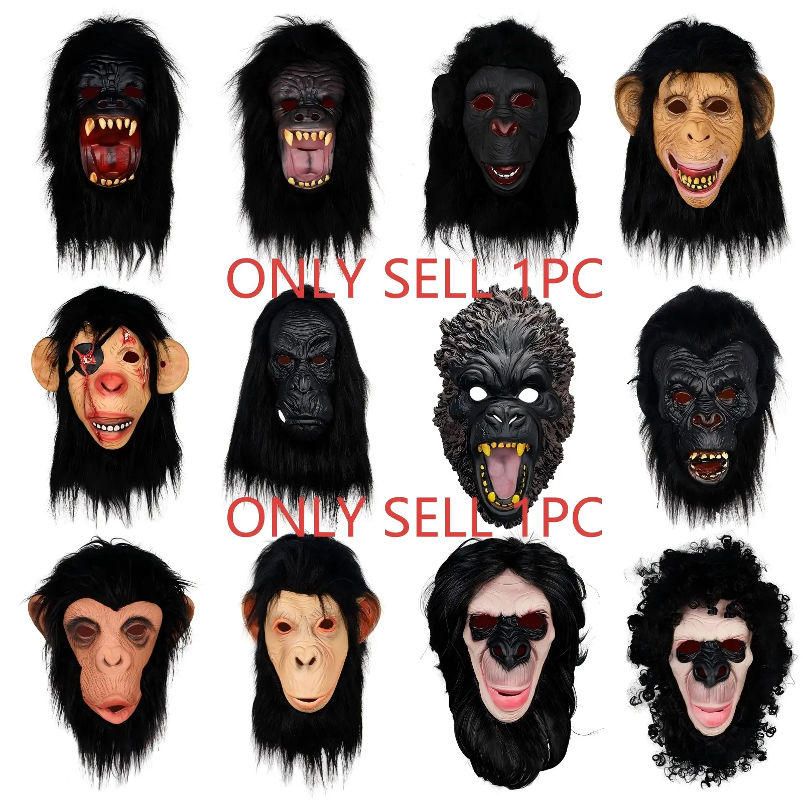 12 Realistic Latex Gorilla Masks with Wigs, Latex Animal Mask, Stretchable Full Head Cover, Halloween Pranks, Scary and Funny, Perfect for Horror Events