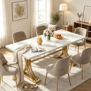63-Inch Rectangular Dining Table for 4 to 6, Modern Kitchen Table with Stylish Metal Trestle Legs, Large Dinner Table for Dining Room, Chair Not Included (White+Gold)