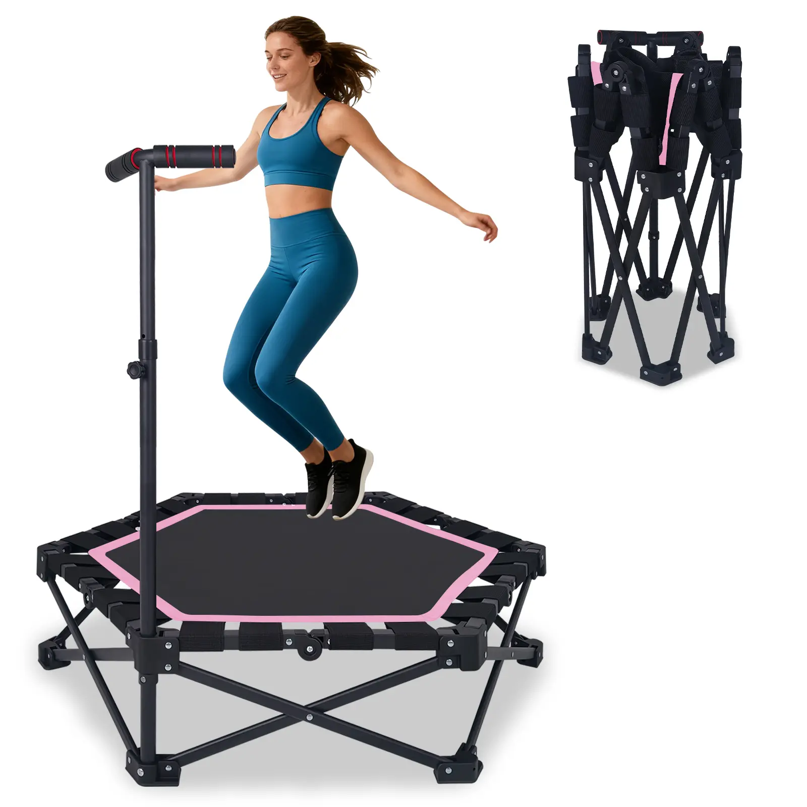 Nokaa 42" Foldable Mini Trampoline for Adults, One-Step Fold & Open Rebounder, 330lbs Max Load, 3-Level Adjustable T-Bar, Indoor & Outdoor Workout, Pink, Compact Home Gym Equipment for Living Room, Bedroom, Office, Apartment and Home Decor