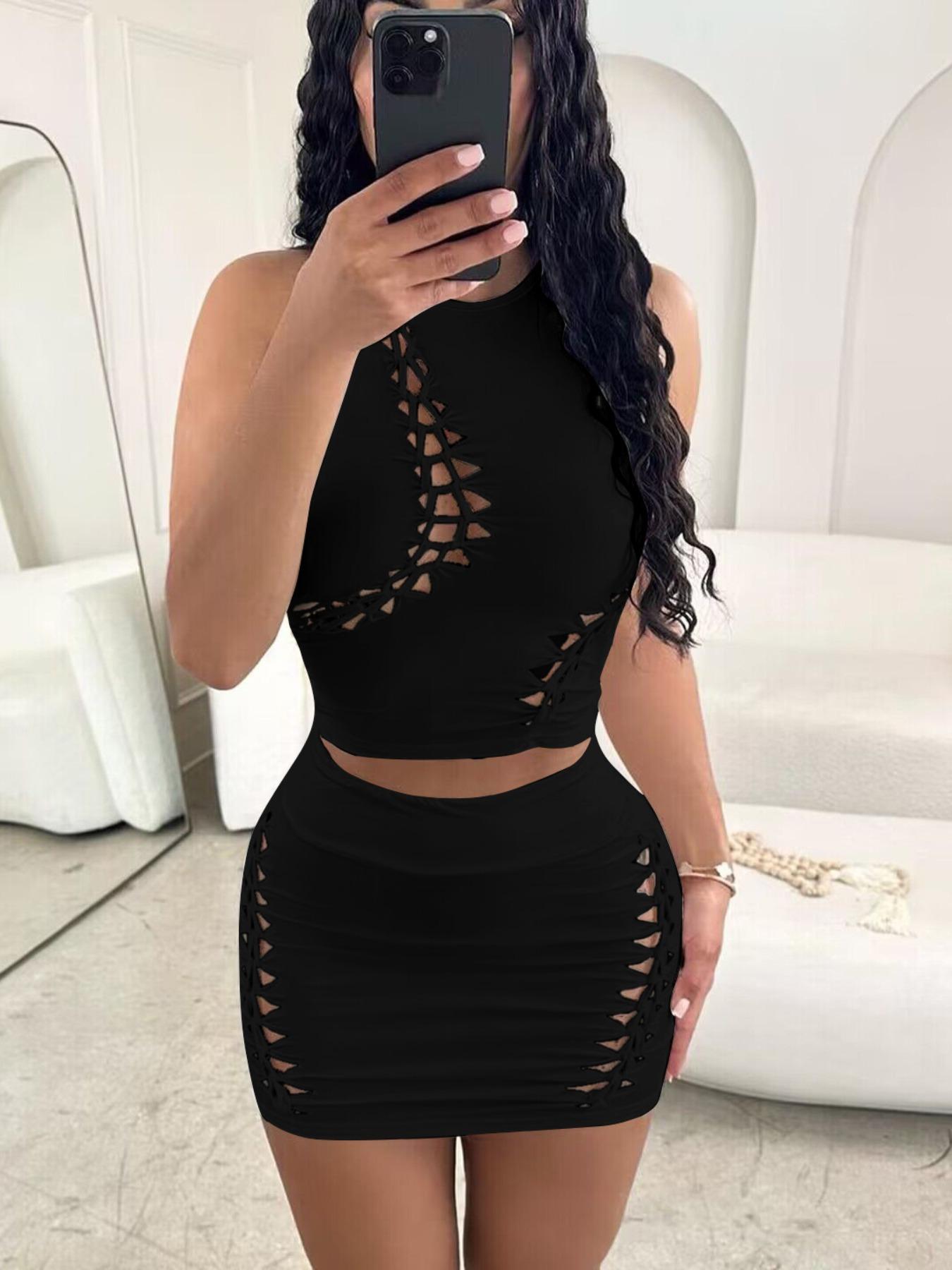 Women's Solid Hollow Out Crop Tank Top & High Waist Bodycon Skirt Set, Casual Fashion Cozy Round Neck Top & Skirt for Daily Outdoor Wear, Women's Clothing for Summer