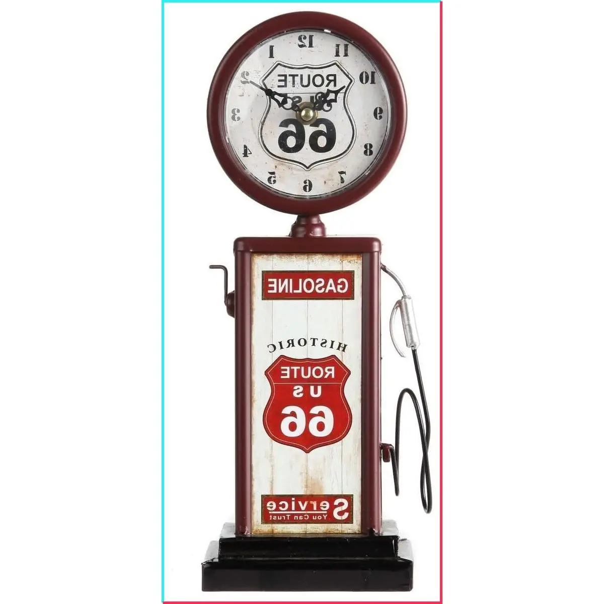 Old Fashioned Route 66 Gas Pump Mantle Clock, Silent Non-Ticking Quartz Movement, Ideal Gift for Antique Sign Collectors, Brown/Red (13 1/2" x 4 3/4")