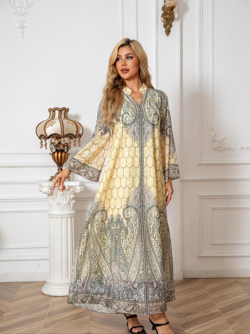 Women's All Over Print Long Sleeve Dress, Elegant Long Dress for Party Holiday Wedding Guest, Ladies Clothes for All Seasons