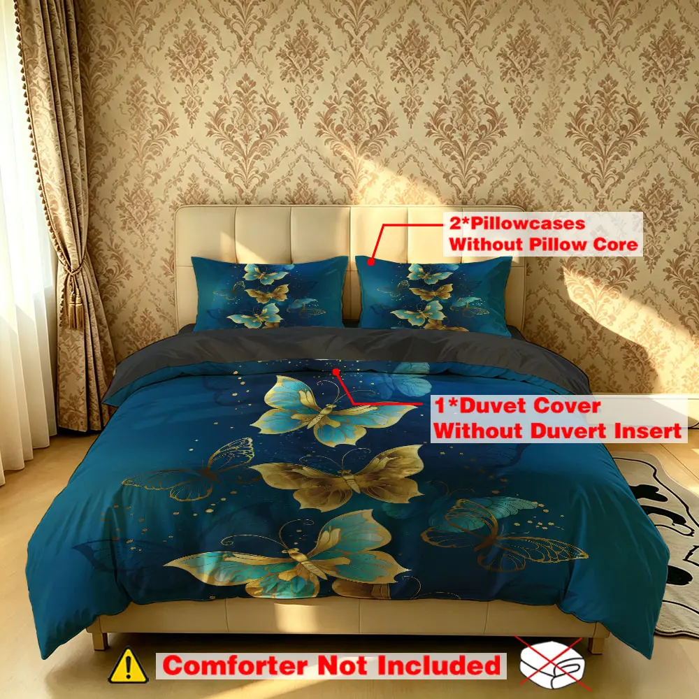 The 3-piece blue and gold butterfly pattern bedding set includes one bedspread and two pillowcases, without fillings. It's soft and comfortable, suitable for single beds and double beds, and ideal for use in bedrooms, dormitories, and hotels.
