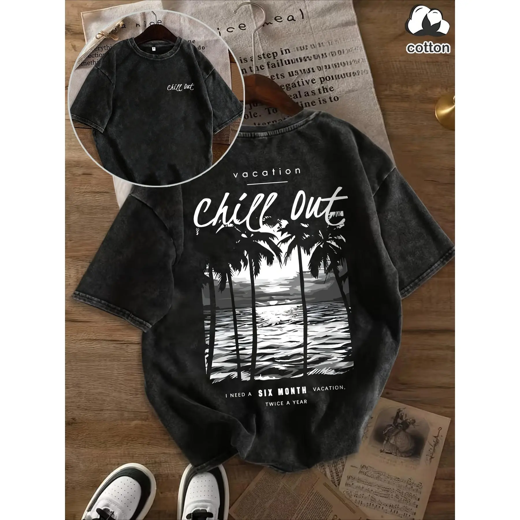 High-Quality Washed Top - Vintage Relaxed Vacation Print Short-Sleeve T-Shirt - Round Neck Summer Casual Top, Machine-Washable Vintage Pattern Top, Suitable for Daily Wear