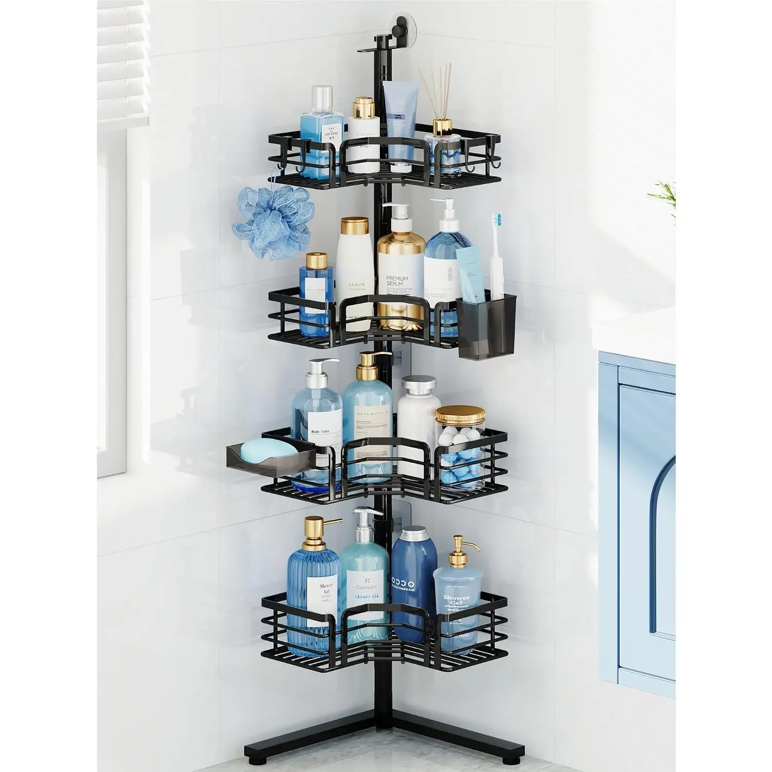Corner Shower  Stand - 4-Tier Adjustable Shower Shelves, Black | Rustproof Stainless Steel, 4 Hooks, Soap and  Holders, Large Capacity Shower Organizer for Tall Bottles, No-drill
