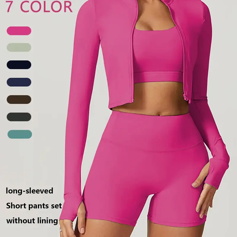Cloud-Sensing Women’s Sports Yoga Set, Yoga Clothes Set, Bare-Feel High-Waist Shockproof Workout Outfit, Activewear Yoga Fitness, Bodycon Workout Set with Sleeveless Top, Long-Sleeve Jacket and Shorts