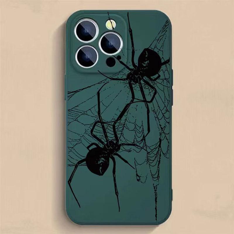 Two Black Spider Pattern Straight Edge Case for iPhone 17 16 15 14 Pro Max 13 12 11 XR XS Plus Shockproof Non Slip Military-Grade Protection Silicone Cove
