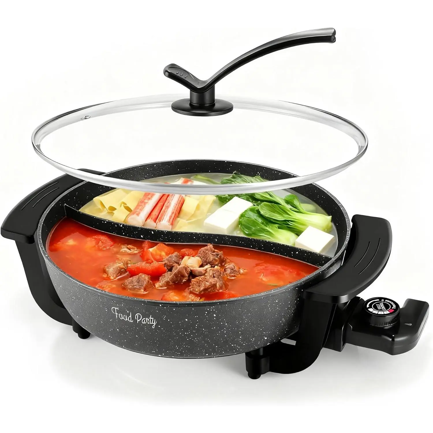 6L Divided Electric Hot Pot 110V 1200W PFOA FREE Non-Stick Shabu Shabu Pot with 5-Level Temperature Control