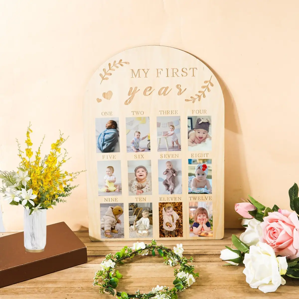 Wooden Baby Photo Display Frame, 1 Count My First Year Milestone Photo Display Frame, Photo Wall Decoration for Home Living Room Bedroom, Aesthetic Room Decoration