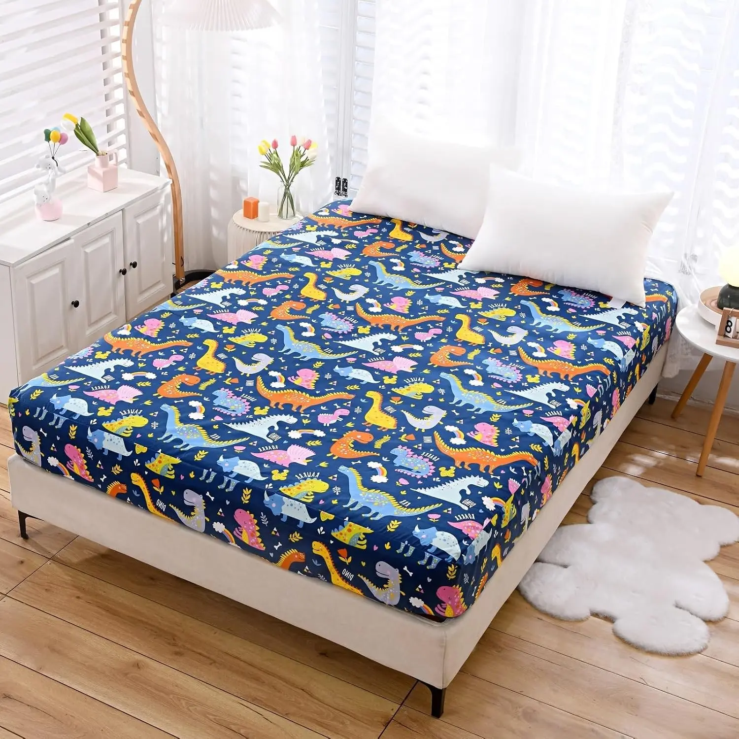 Fitted Sheet with Deep Pocket for Boys Girls Twin Bed, Dino Printed Thicken Fabric Bed Sheets (Navy Blue(Dinosaur), Twin)