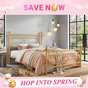 Gold Vintage Metal Platform Bed Frame With Elegant Headboard Footboard Noise Free Under Bed Storage Metal Slats Support No Box Spring Needed Easy Assembly Multi Size Bedroom Home Furniture