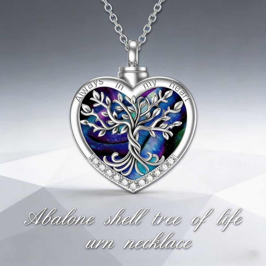 Heart Tree Life Urn Pendant Easter Memorial Necklace - Abalone Shell & Stainless Steel Short Chain - Cremation Jewelry for Memorial