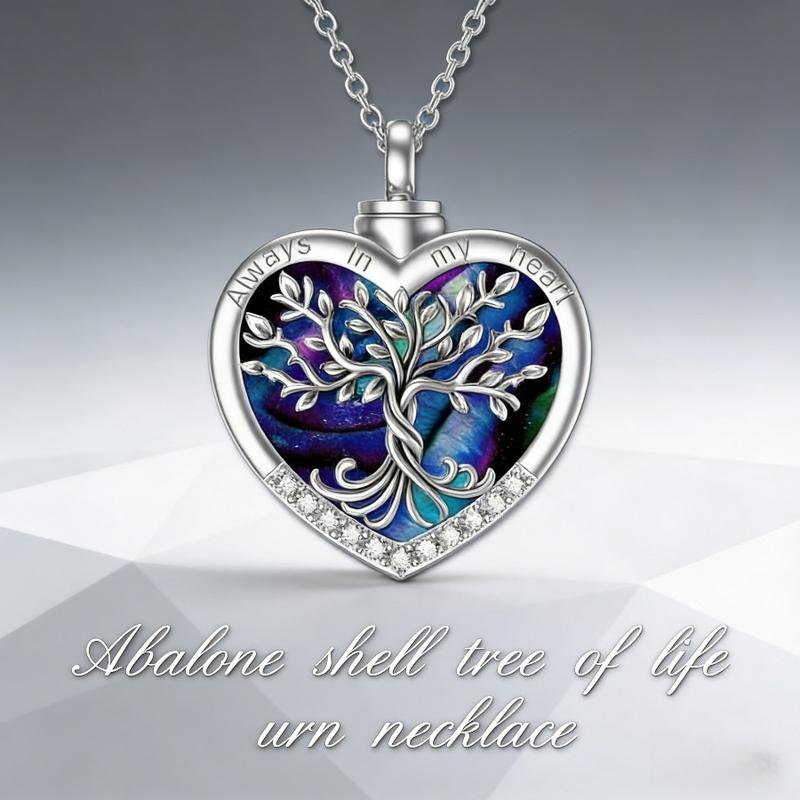 Heart Tree Life Urn Pendant Easter Memorial Necklace - Abalone Shell & Stainless Steel Short Chain - Cremation Jewelry for Memorial