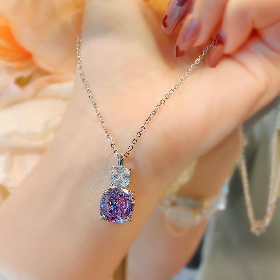 Luxurious, fashionable and versatile pink diamond necklace, purple pendant, high-carbon diamond stud earrings, ice flower-cut ring, colored gemstone set for women